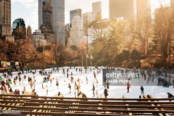 central park de la ciudad de nueva york durante el invierno con varios patinadores sobre hielo - central park fotografías e imágenes de stock