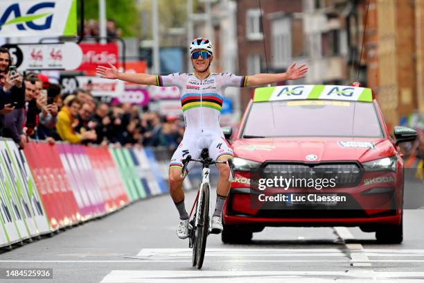 Remco Evenepoel of Belgium and Team Soudal - Quick Step celebrates at finish line as race winner during the 109th Liege - Bastogne - Liege 2023,...