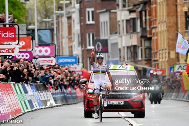 Remco Evenepoel of Belgium and Team Soudal - Quick Step celebrates at finish line as race winner during the 109th Liege - Bastogne - Liege 2023,...