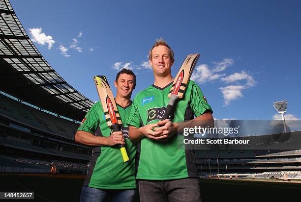 David Hussey and Cameron White of the Stars cricket team pose during a Melbourne Stars press conference at the Melbourne Cricket Ground on July 17,...