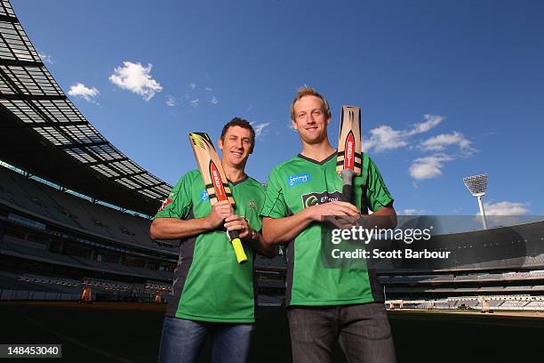 David Hussey and Cameron White of the Stars cricket team pose during a Melbourne Stars press conference at the Melbourne Cricket Ground on July 17,...