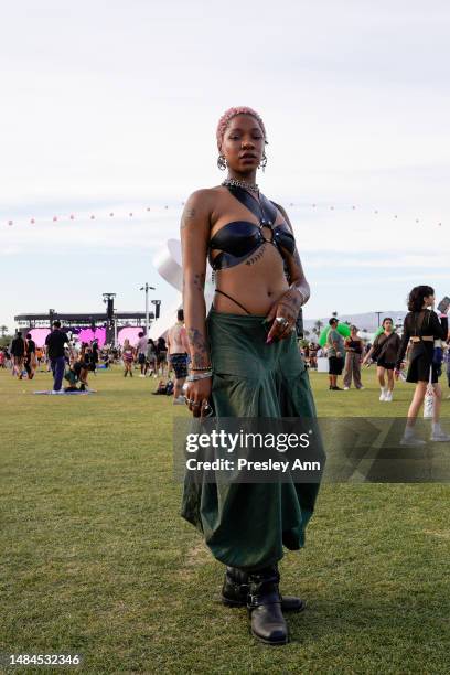 Guest poses during weekend 2 of the 2023 Coachella Valley Music And Arts Festival on April 22, 2023 in Indio, California.