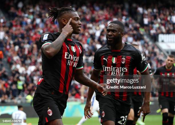 Rafael Leao of AC Milan celebrates after scoring the team's first goal during the Serie A match between AC Milan and US Lecce at Stadio Giuseppe...