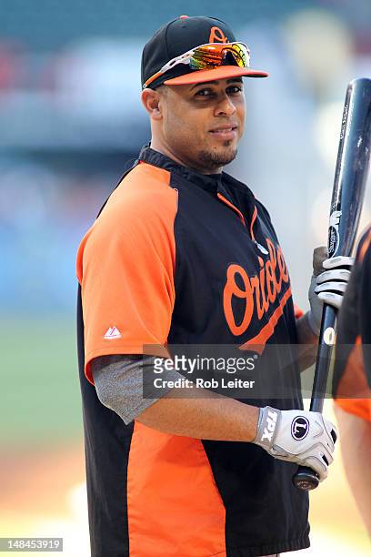 Ronny Paulino of the Baltimore Orioles takes batting practice before the game against the Los Angeles Angels of Anaheim at Angel Stadium of Anaheimon...