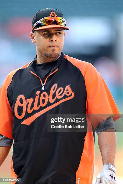 Ronny Paulino of the Baltimore Orioles takes batting practice before the game against the Los Angeles Angels of Anaheim at Angel Stadium of Anaheimon...