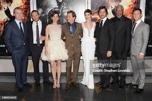 Christopher Nolan, Tom Hardy, Marion Cotillard, Gary Oldman, Anne Hathaway, Christian Bale, Morgan Freeman and Joseph Gordan-Levitt attend "The Dark...