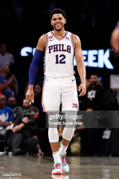 Tobias Harris of the Philadelphia 76ers reacts against the Brooklyn Nets during the second half of Game Four of the Eastern Conference First Round...