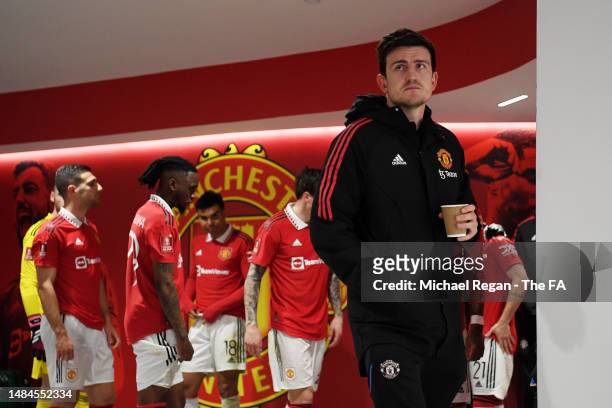Harry Maguire of Manchester United looks on in the tunnel during the Emirates FA Cup Semi Final match between Brighton & Hove Albion and Manchester...