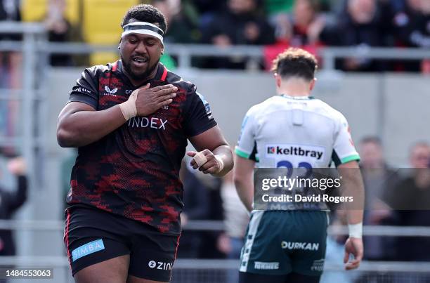 Eroni Mawi of Saracens celebrates after scoring his second try during the Gallagher Premiership Rugby match between Saracens and London Irish at the...