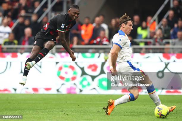 Rafael Leao of AC Milan scores the team's second goal during the Serie A match between AC Milan and US Lecce at Stadio Giuseppe Meazza on April 23,...
