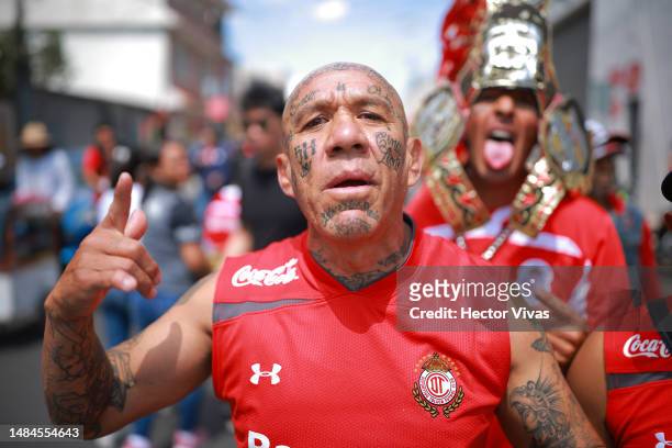 Fan of Toluca cheers outside the stadium before the 16th round match between Toluca and FC Juarez as part of the Torneo Clausura 2023 Liga MX at...