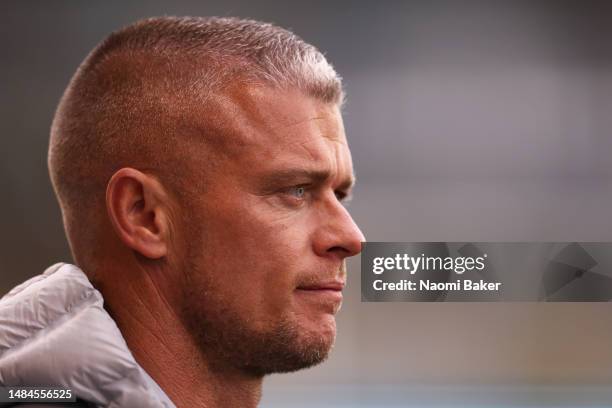 Paul Konchesky, Manager of West Ham United, looks on prior to the FA Women's Super League match between Manchester City and West Ham United at The...