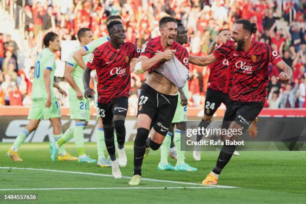 Antonio Raillo of RCD Mallorca celebrates scoring his team´s second goal with teammates during the LaLiga Santander match between RCD Mallorca and...