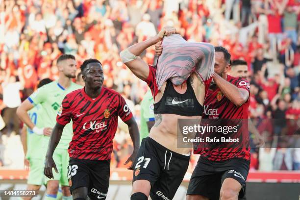 Antonio Raillo of RCD Mallorca celebrates scoring his team´s second goal with teammates during the LaLiga Santander match between RCD Mallorca and...