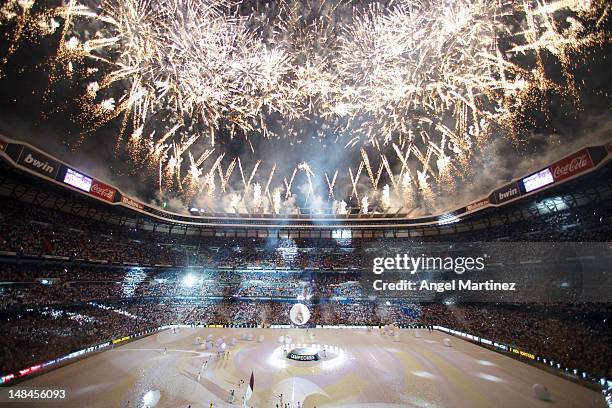 Fireworks explode over the Santiago Bernabeu stadium during celebrations of the La Liga title after the La Liga match between Real Madrid CF and RCD...