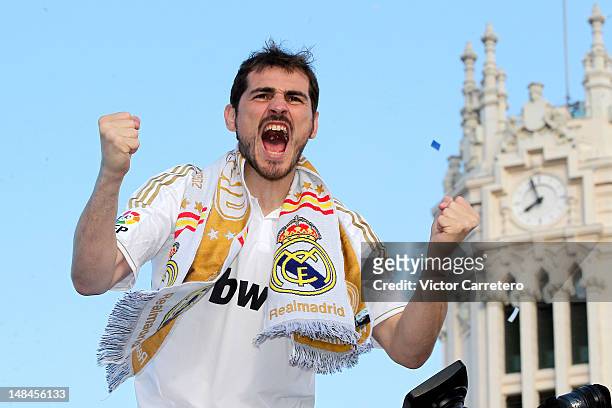 Iker Casillas of Real Madrid celebrates during their victory parade at Plaza de Cibeles on May 3 in Madrid, Spain.