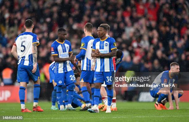 Pervis Estupinan of Brighton & Hove Albion reacts after the team's defeat in the penalty shoot outduring the Emirates FA Cup Semi Final match between...