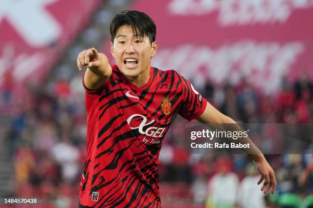 Kang-in Lee of RCD Mallorca reacts during the LaLiga Santander match between RCD Mallorca and Getafe CF at Visit Mallorca Estadi on April 23, 2023 in...