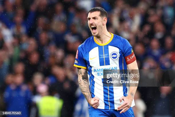 Lewis Dunk of Brighton & Hove Albion reacts in the penalty shoot out during the Emirates FA Cup Semi Final match between Brighton & Hove Albion and...