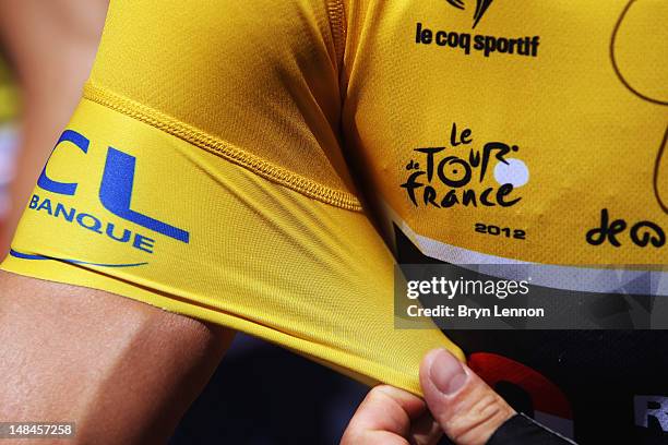 Detail view of race leader Fabian Cancellara's yellow jersey at the start of stage five of the 2012 Tour de France from Rouen to Saint-Quentin on...