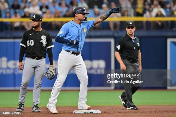 Christian Bethancourt of the Tampa Bay Rays reacts after hitting a double in the second inning against the Chicago White Sox at Tropicana Field on...