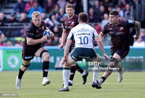 Jackson Wray of Saracens charges upfield during the Gallagher Premiership Rugby match between Saracens and London Irish at the StoneX Stadium on...