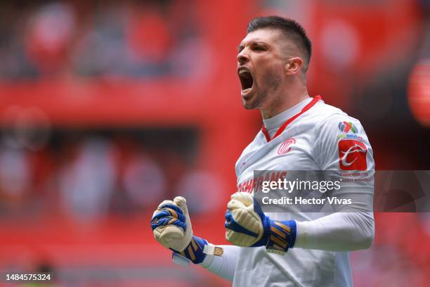 Tiago Volpi of Toluca celebrates after scoring by penalty the team's first goal during the 16th round match between Toluca and FC Juarez as part of...