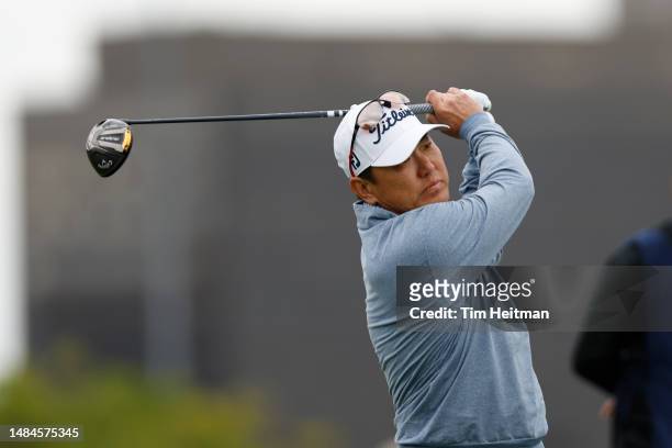 Charlie Wi of South Korea tees off on the third hole during the final round of the Invited Celebrity Classic at Las Colinas Country Club on April 23,...