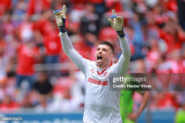 Tiago Volpi of Toluca celebrates after scoring the team's first goal during the 16th round match between Toluca and FC Juarez as part of the Torneo...