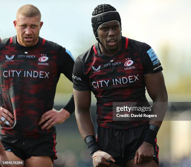 Maro Itoje and Nick Isiekwe of Saracens look on during the Gallagher Premiership Rugby match between Saracens and London Irish at the StoneX Stadium...