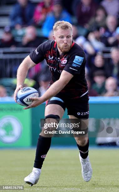 Jackson Wray of Saracens runs with the ball during the Gallagher Premiership Rugby match between Saracens and London Irish at the StoneX Stadium on...