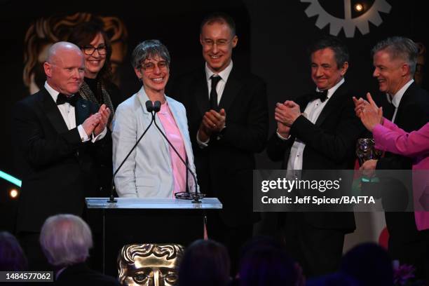 Tim Hands, Paula Fairfield, Adele Fletcher, Doug Cooper, Martin Seeley and Alastair Sirkett accept the Sound: Fiction Award for 'House of the Dragon'...