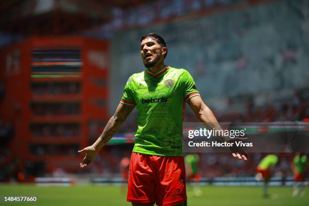 Carlos Salcedo of FC Juarez reacts during the 16th round match between Toluca and FC Juarez as part of the Torneo Clausura 2023 Liga MX at Nemesio...