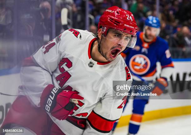 Seth Jarvis of the Carolina Hurricanes celebrates after a goal during the third period against the New York Islanders in Game Four of the First Round...