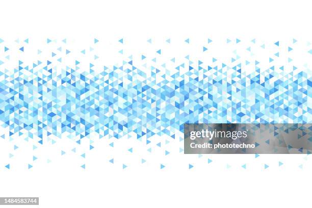 stockillustraties, clipart, cartoons en iconen met background made of blue triangle shape, glitters dots. abstract blue technology horizontal luminous background. gradient blue digital glow pixel triangle texture pattern. - herhaalpatroon in tegels