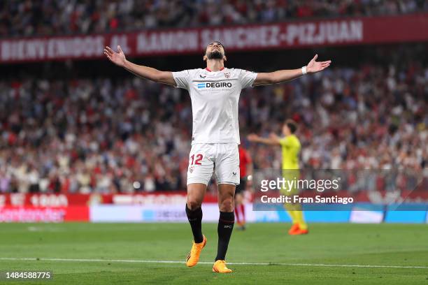 Rafa Mir of Sevilla FC celebrates after scoring the team's first goal during the LaLiga Santander match between Sevilla FC and Villarreal CF at...