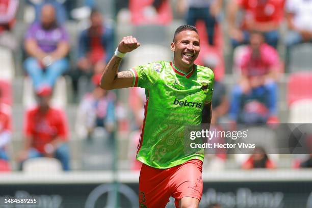 Diego Chavez of FC Juarez celebrates after scoring the team's first goal during the 16th round match between Toluca and FC Juarez as part of the...