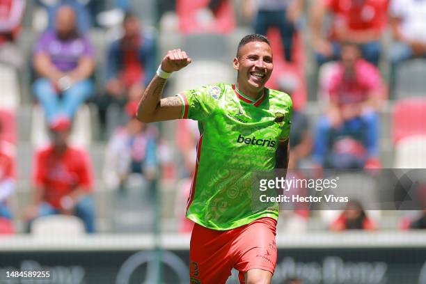 Diego Chavez of FC Juarez celebrates after scoring the team's first goal during the 16th round match between Toluca and FC Juarez as part of the...