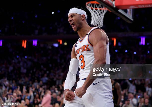 Josh Hart of the New York Knicks celebrates after he drew the foul in the fourth quarter against the Cleveland Cavaliers during Game Four of the...