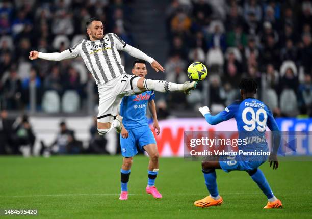 Filip Kostic of Juventus controls the ball during the Serie A match between Juventus and SSC Napoli at Allianz Stadium on April 23, 2023 in Turin,...