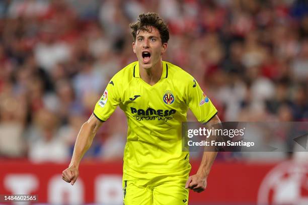 Pau Torres of Villarreal CF celebrates after scoring the team's first goal during the LaLiga Santander match between Sevilla FC and Villarreal CF at...