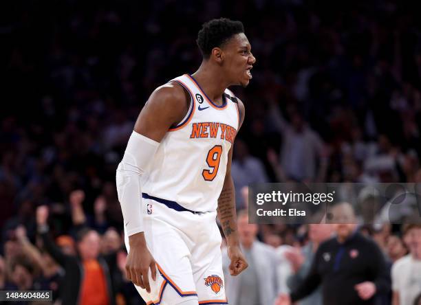 Barrett of the New York Knicks celebrates late in the fourth quarter against the Cleveland Cavaliers during Game Four of the Eastern Conference First...