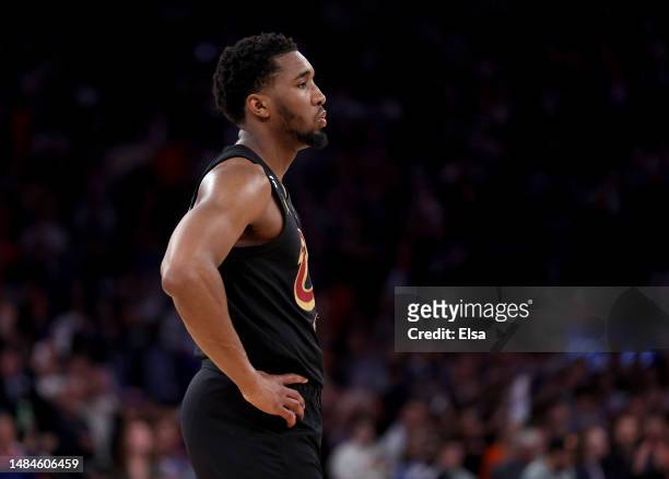 Donovan Mitchell of the Cleveland Cavaliers reacts in the fourth quarter against the New York Knicks during Game Four of the Eastern Conference First...