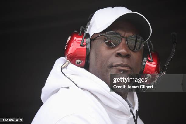 Hall of Famer Michael Jordan and co-owner of 23XI Racing looks on from the 23XI Racing pit box during the NASCAR Cup Series GEICO 500 at Talladega...