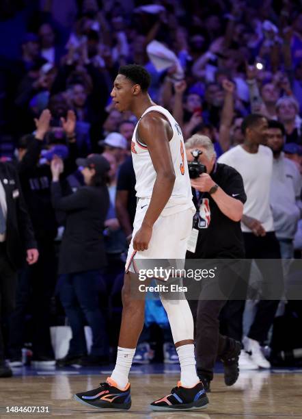 Barrett of the New York Knicks celebrates the win at the buzzer during Game Four of the Eastern Conference First Round Playoffs against the Cleveland...
