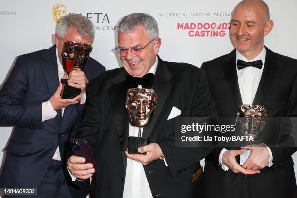 Asa Shoul, Mike Dawson and Michael Bell, winners of the Special, Visual and Graphic Effects Award for "House of the Dragon", pose in the Winners Room...