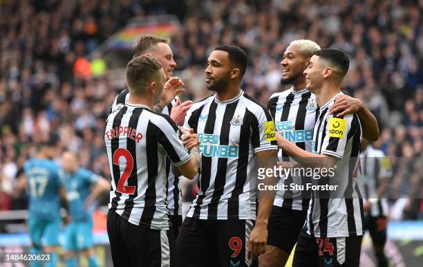 Newcastle striker Callum Wilson celebrates with team mates after scoring the 6th goal during the Premier League match between Newcastle United and...