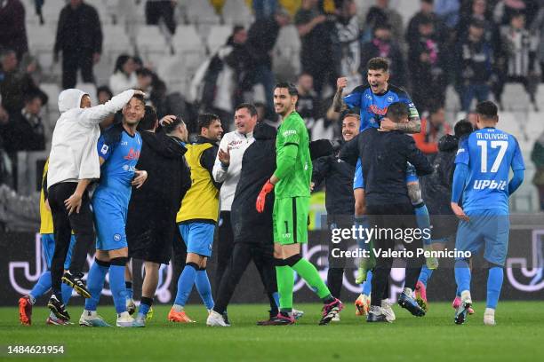 Players of SSC Napoli celebrate following the Serie A match between Juventus and SSC Napoli at Allianz Stadium on April 23, 2023 in Turin, Italy.