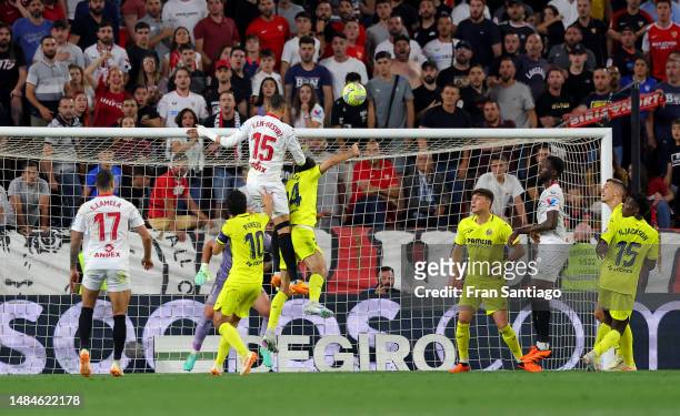 Yousseff En-Nesyri of Sevilla FC scores the team's second goal during the LaLiga Santander match between Sevilla FC and Villarreal CF at Estadio...