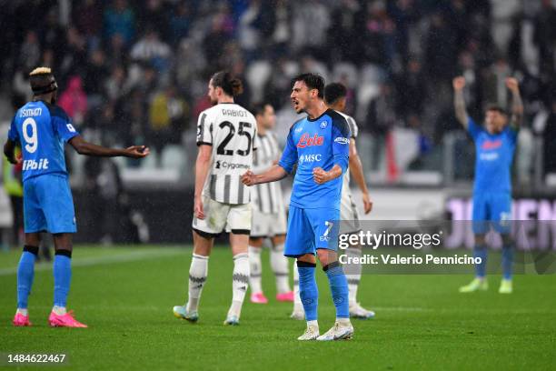 Eljif Elmas of SSC Napoli celebrates following the Serie A match between Juventus and SSC Napoli at Allianz Stadium on April 23, 2023 in Turin, Italy.